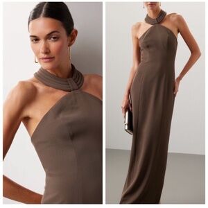 Ronny Kobo Lenox gown brown halterneck dress structured back slit back zipper